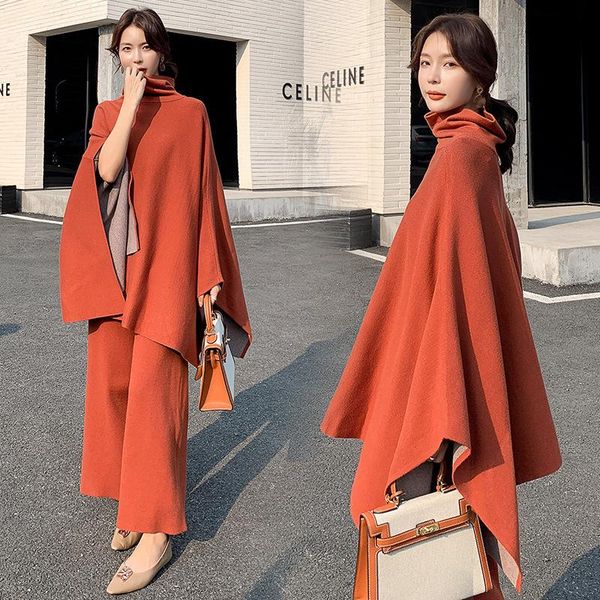 

women's tracksuits brand famous 2021 spring sweater two-piece set turtleneck cape loose knitted wide-leg pants 2 piece, Gray