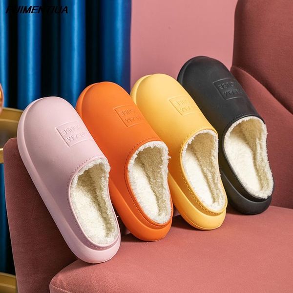 

slippers waterproof non-slip house shoes women 2021 winter warm home men couples indoor soft memory foam plush, Black