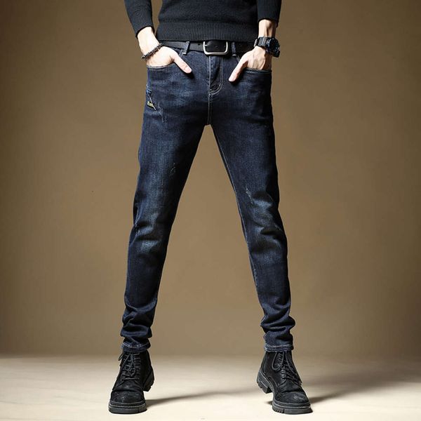

jeans brand autumn 2020 high elastic slim leggings korean fashion men's dark blue pantswinter