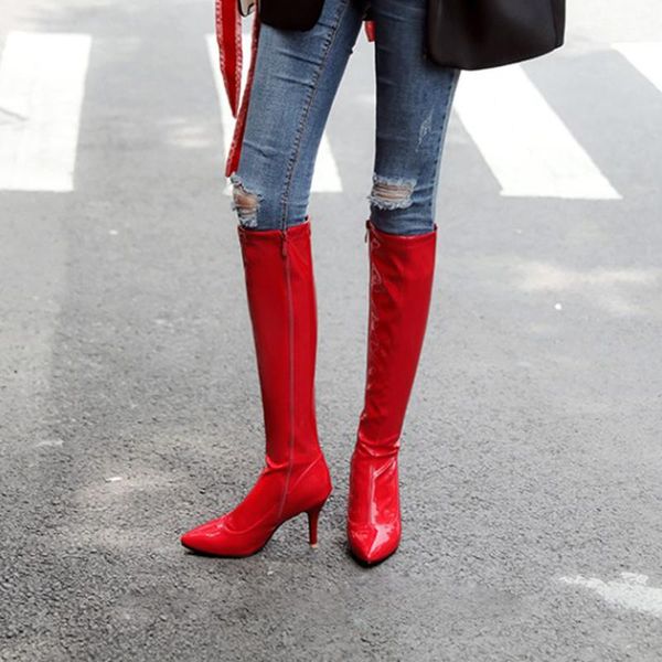 

boots ml9147 solid color pointed toe with super high heel fashion side zipper patent leather plus size ladies, Black