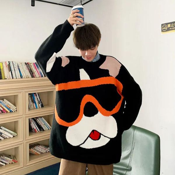 

2021 new cute knitted pullover jumper sweaters streetwear casual cartoon hip hop long sleeve knitwear sweater men autumn dog male ie41, Black