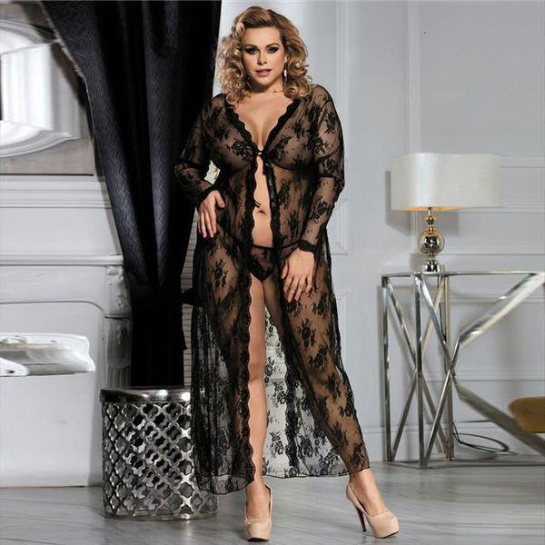 

gown long sleeve nightwear women sleepwear transparent lace nightgown plus size box packing erotic robe lingerie rw80232, Black;red
