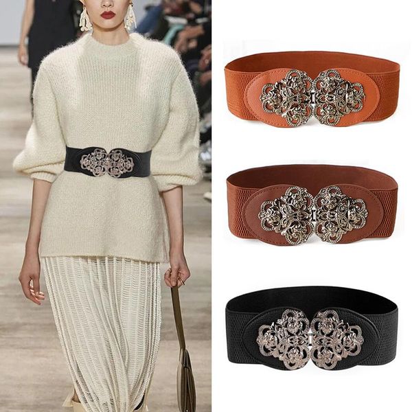 

belts leather flower wide elastic for women vintage stretch buckle waist belt ladies dress coat cummerbunds, Black;brown