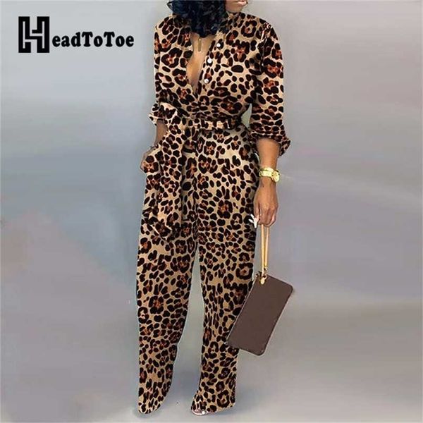 

leopard tied waist long sleeve jumpsuit women rompers fashion overalls casual jumpsuits streetwear drop 211119, Black;white