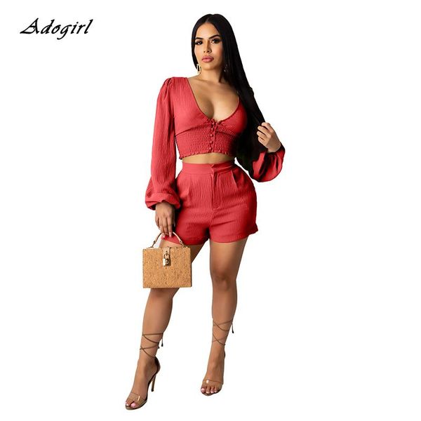 

2021 spring vintage puff sleeve two piece set casual deep v neck crop with shorts cotton bodycon tracksuit club outfit 2xl, Gray