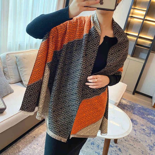 

tippet muffler scarf geometric back print imitation cashmere scarf women's autumn and winter live broadcast thickened long double-sided, Blue;gray
