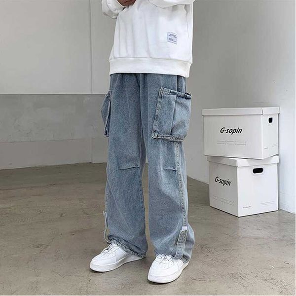 

sale men's work clothes denim pants men's straight tube loose students versatile drop feeling wide leg jeans 210622, Blue