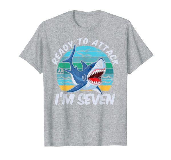 

7th birthday shark ready to attack i'm 7 year old gift t-shirt, White;black