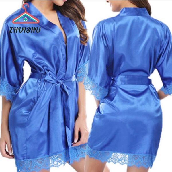 

women's sleepwear zhuishu solid pajamas summer women ladies lace robes robe satin night wear gown bathrobe t15, Black;red