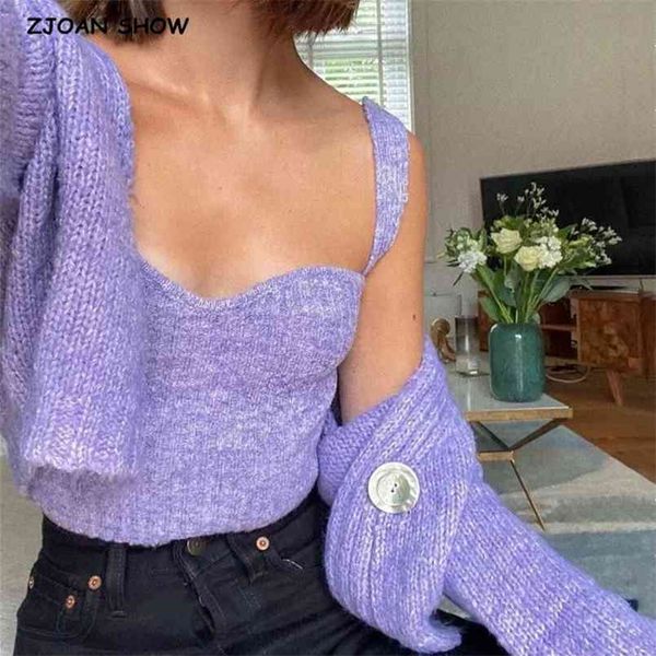 

1 set autumn winter romantic purple knitting cardigan cropped tank single-breasted one button short sweater loose jumper 210812, White