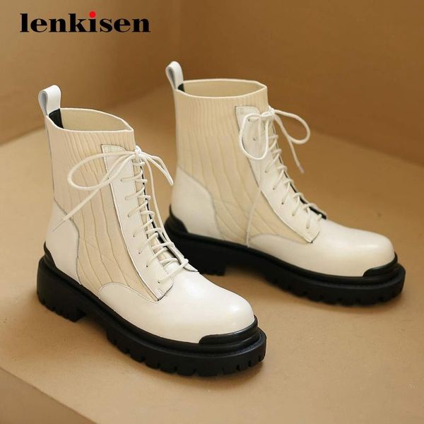 

boots lenkisen knitting real cow leather patchwork korean girls thick med heel round toe lace up daily wear ankle l6f3, Black