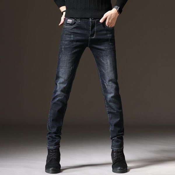 

men's jeans classic elastic stretch-fit thin business casual style, Blue