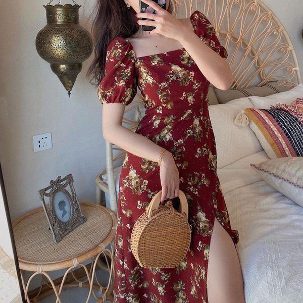 

casual dresses vintage floral print chiffon dress women summer drawstring split square collar elegant ladies short sleeve 2021, Black;gray