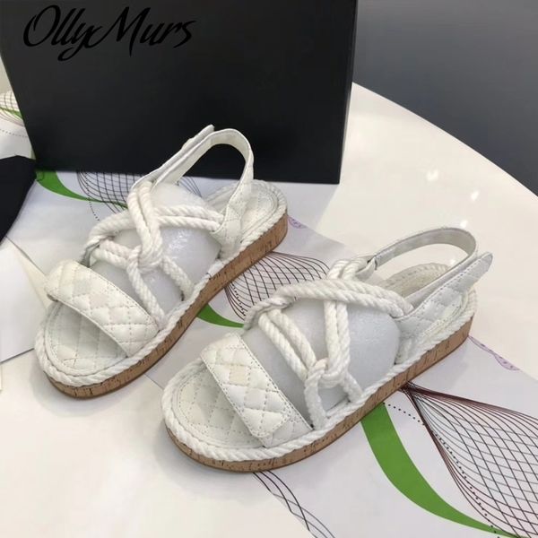 

ollymurs leather ladies fashion woven rope wood grain bottom and slippers casual beach outdoor open toe sandals, Black