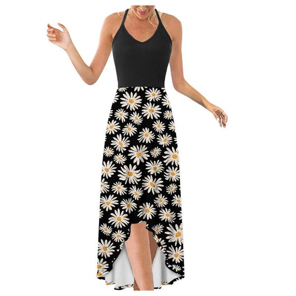 

casual dresses elegant floral print for women fashion daisy v-neck irregular hem long beach dress party spaghetti strap maxi robe, Black;gray