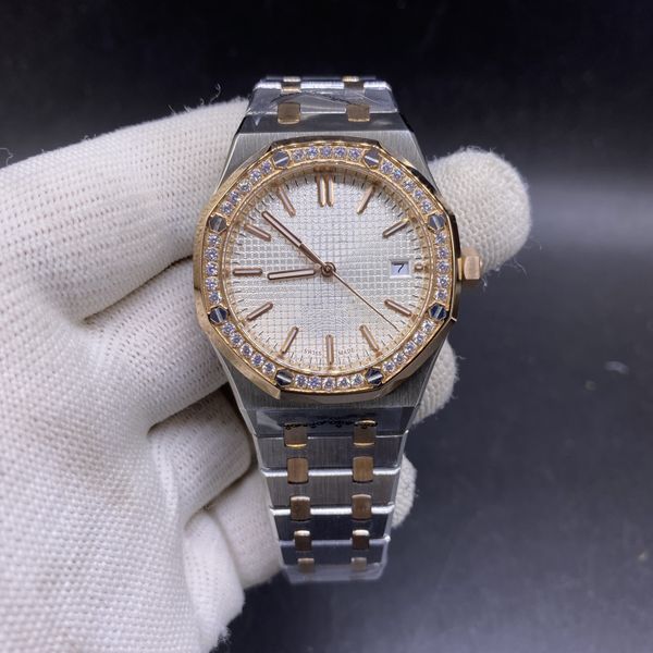 

men's casual fashion rose gold single circle diamond watch, 37mm automatic mechanical stainless steel two-tone silver watch, Slivery;brown