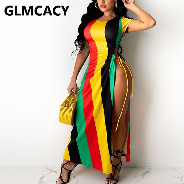 

short sleeve striped dress slit bodycon maxi dress 210702, Black;gray
