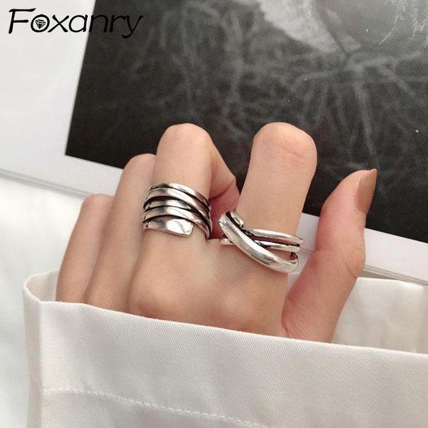 

cluster rings foxanry 925 sterling silver open ins fashion vintage couples simple elegant multi layer cross party jewelry for women, Golden;silver