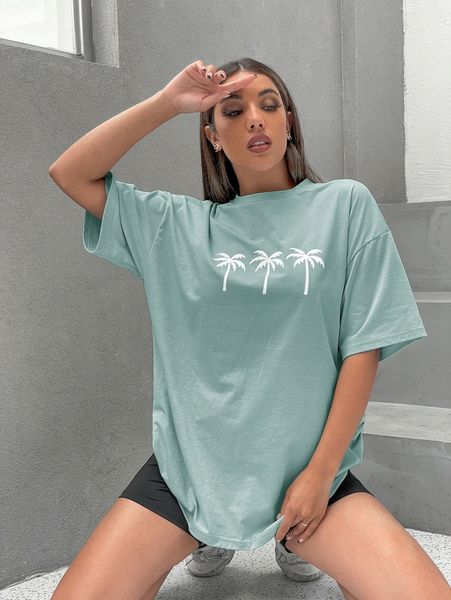 

drop shoulder coconut tree print longline tee e9qc#, White