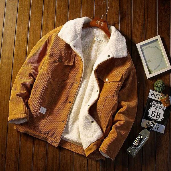 

fur lined corduroy jacket autumn jacket men vintage style faux woolen lined fashion clothing streewear korean fashion clothe men 211122, Black