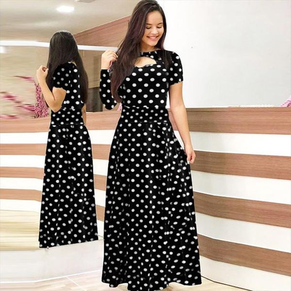 

maxi dress summer flower print womens camis short sleeve boho long dresses ladies hollow out polka dot large size, White