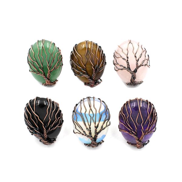 

jln wire wrapped oval cabochon stone ring vintage red copper plated life tree natural crystal quartz resizable finger rings gifts for girls, Golden;silver