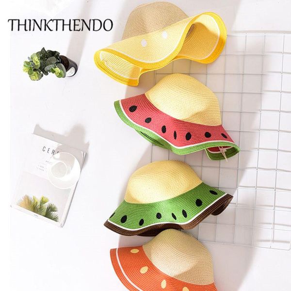 

outdoor hats child summer straw hat color block fruit shape family round women beach cap with chin strap, Black;white