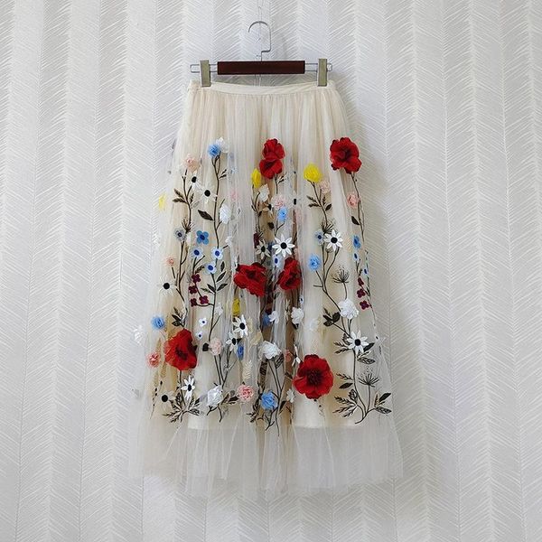 

skirts summer 2021 runways women's floral embroidery mesh skirt c540, Black
