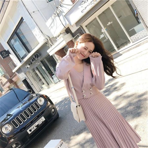 

two piece dress women solidv-neck cardigan sweater set winter knitted coat pleated midi suit elegant outfits, White