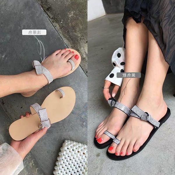

sandals flat bottom 2021 rhinestone toe women's slippers fashionable outside, Black