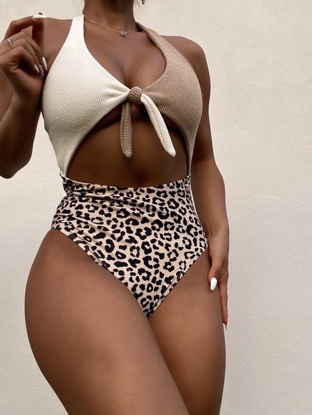 

leopard cut-out knot front one piece swimsuit 22aj#, White;black