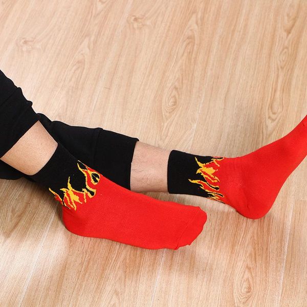 

men's socks harajuku fashion hip hop color fire boat red flame torch warm street skateboard cotton skarpetki, Black