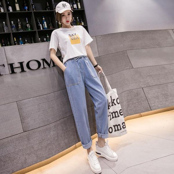 

women's jeans 2021 women spring trousers casual straps elastic pants loose harem personality plus size, Blue