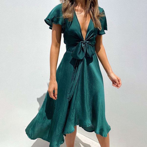 

dress summer solid color deep v-neck waist open skirt, Black;gray