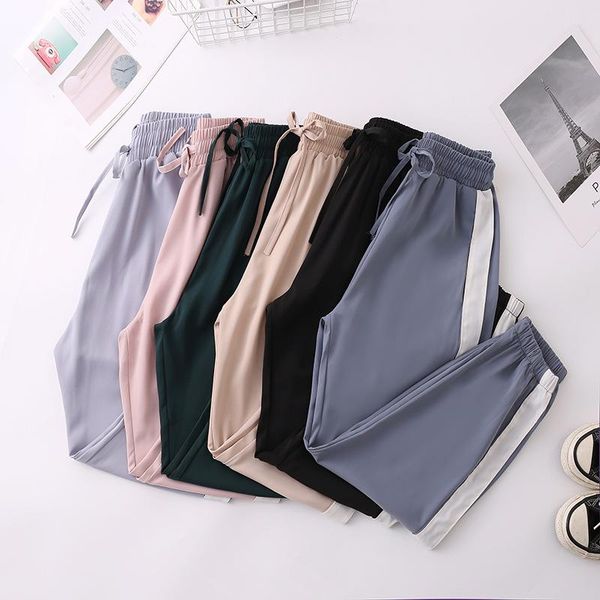 

women's pants & capris side stripes lantern radish joggers women loose beam feet ice silk summe thin trousers student large size sports, Black;white