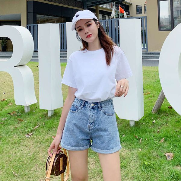 

summer high waist denim shorts fashion street flanging loose, Blue