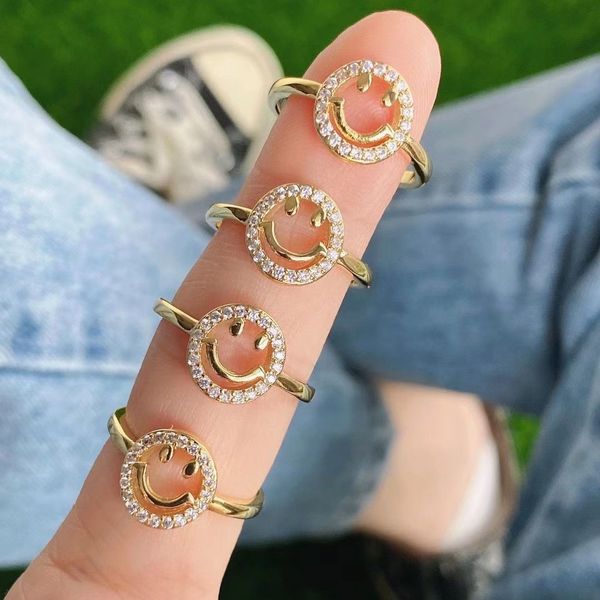 10Pcs Fashion 2021 Trendy Gold Filled Crystal Zircon Pave Smiling Face Women Open Finger Ring Statement