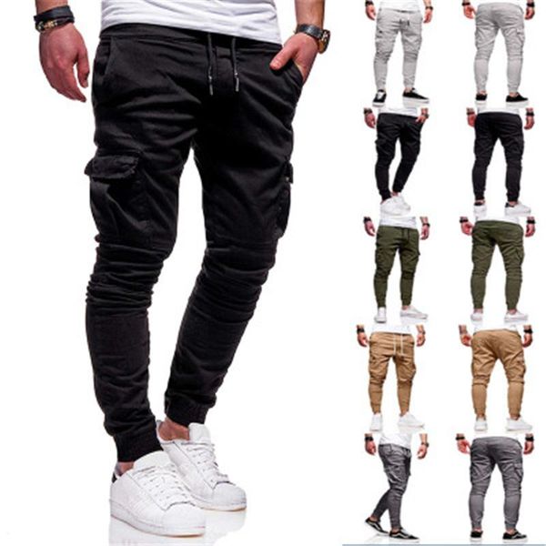 

mens casual cargo pant clothing fashion trend zipper drawstring running sweatpants spring male multiple pockets casual loose straps trousers, Black