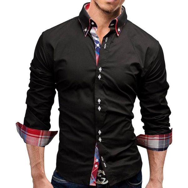 

men's casual shirts men solid color plaid patchwork slim turn down collar long sleeve shirt office business clothing, White;black