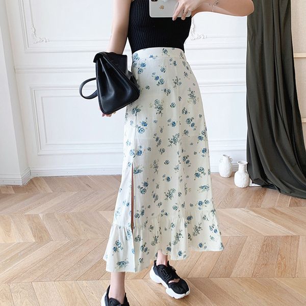 

2021 new cintura alta saia feminina floral impresso split babados vero nova senhora mid-bezerro saias aek7, Black