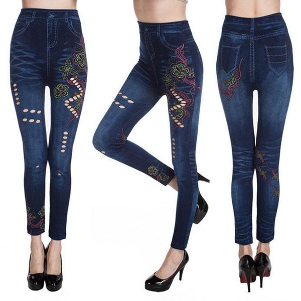 

women's leggings faux jeans women stretchy fitness casual flral print sport legging female long slim pants trousers, Black