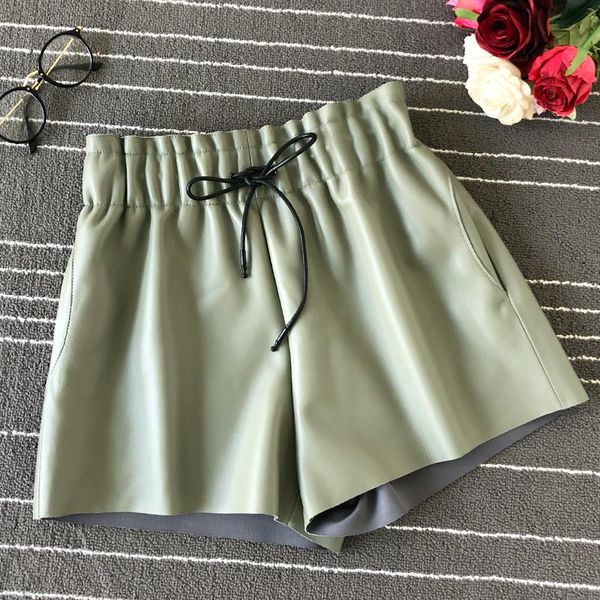 

women's shorts female skin quality elastic sheep high waist loose line leg casual will see streetwear genuine leather, White;black