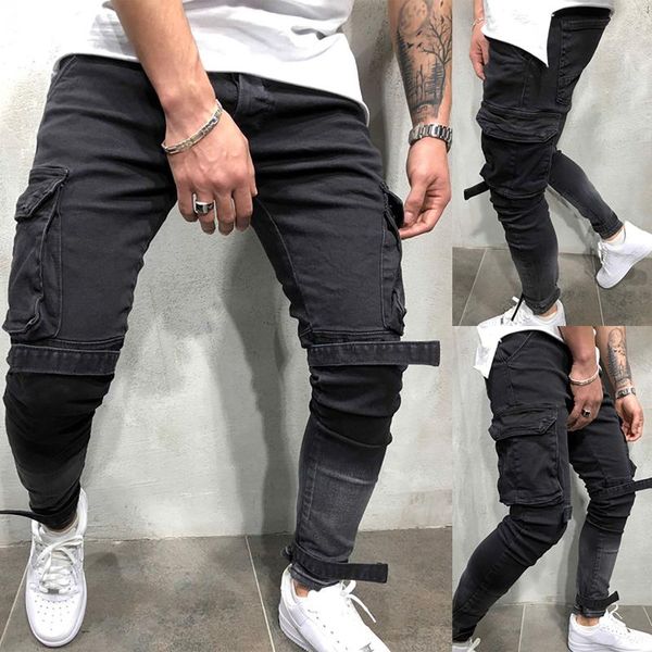 

2021 new denim jogger men's black multi-pocket men's bandge sports pants streetwear hip hop casual pants, Blue