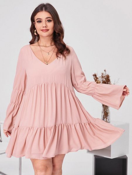 

plus trumpet sleeve ruffle hem smock dress x3fc#, Black