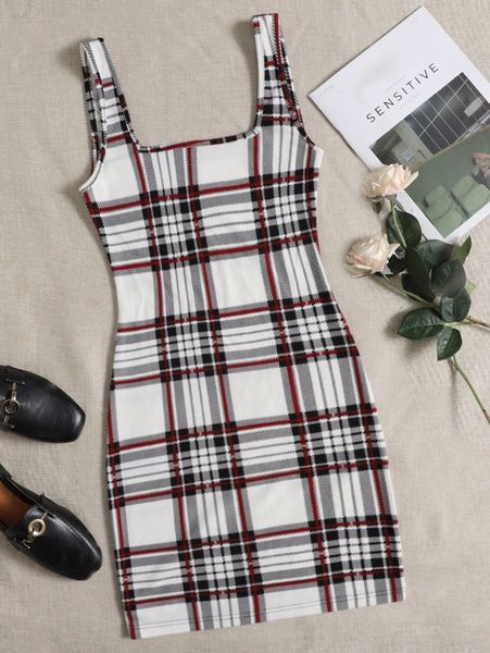 

double square neck plaid bodycon dress q9d5#, Black;gray