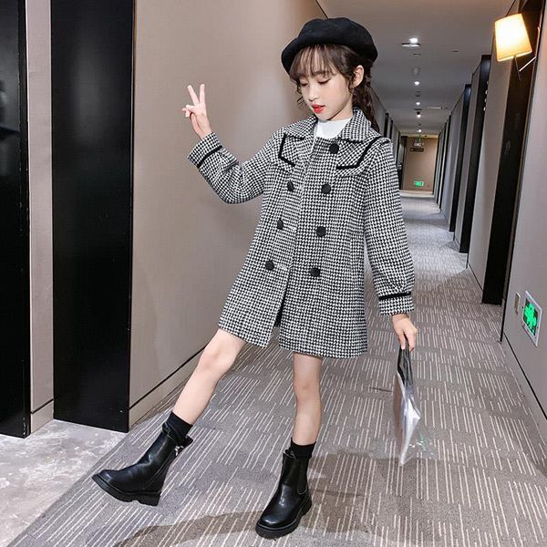 

coat 2021 spring autumn girls fashion plaid lapel long woolen, Blue;gray