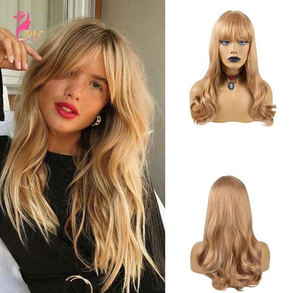 

synthetic wigs ombre blonde for women with bangs natural hair long curly wavy wig heat resistant full machine made, Black