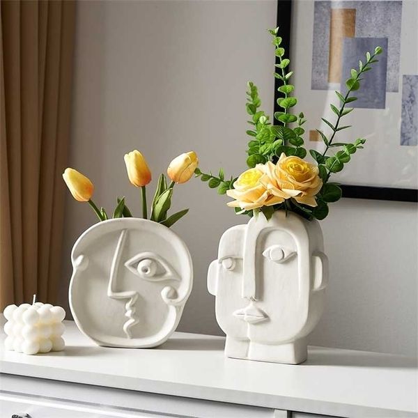 Nordic Ceramic Vases Home Decoration Accessoires für Wohnzimmer Kreatives menschliches Gesicht Desktop Dekorative Blumenvase 211215