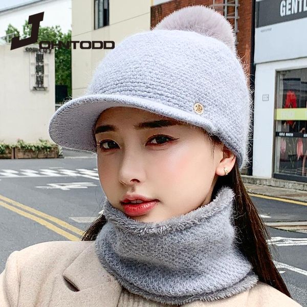 

berets 2021 fashion women winter casual fur knitted beret hat ladies thick warm female hair ball & scarf set, Blue;gray