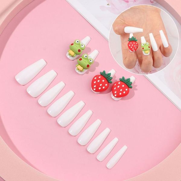 

false nails beauty fake nail extra long white strawberry coffin tip cute frog ballerina, Red;gold